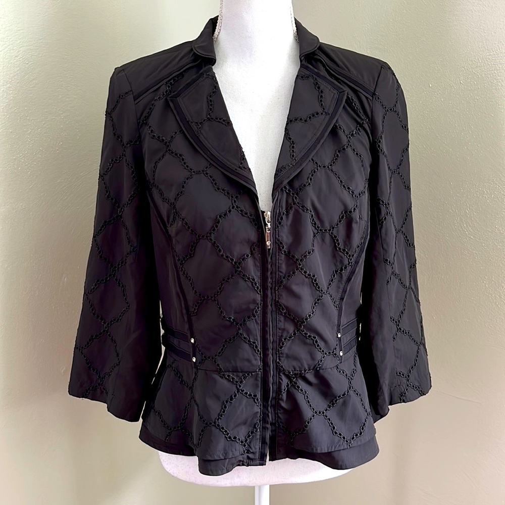 WHBM Eyelet Zip Front BlazerJacket with Rhinestone Accents and Peplum Hemline